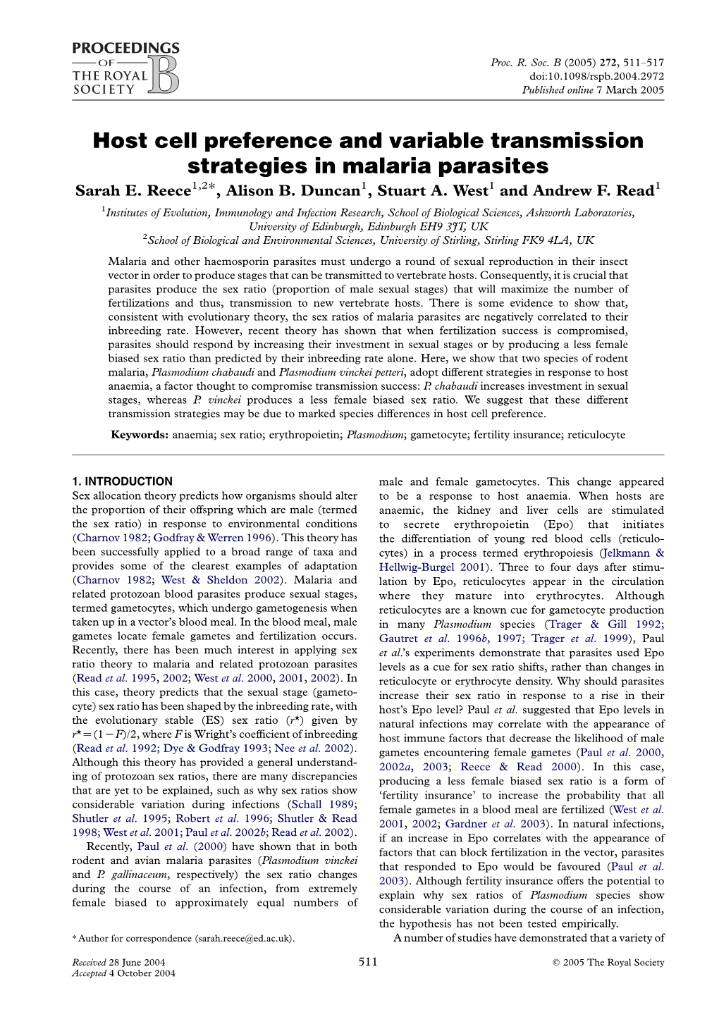 Host Cell Preference and Variable Transmission Strategies in Malaria Parasites Sarah E