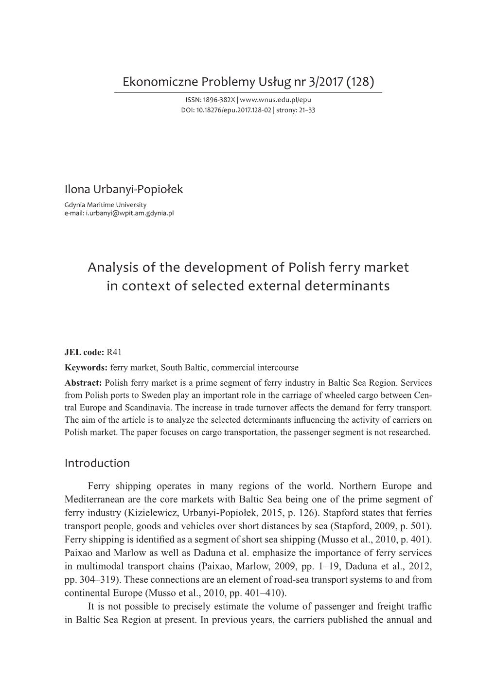 Analysis of the Development of Polish Ferry Market in Context of Selected External Determinants
