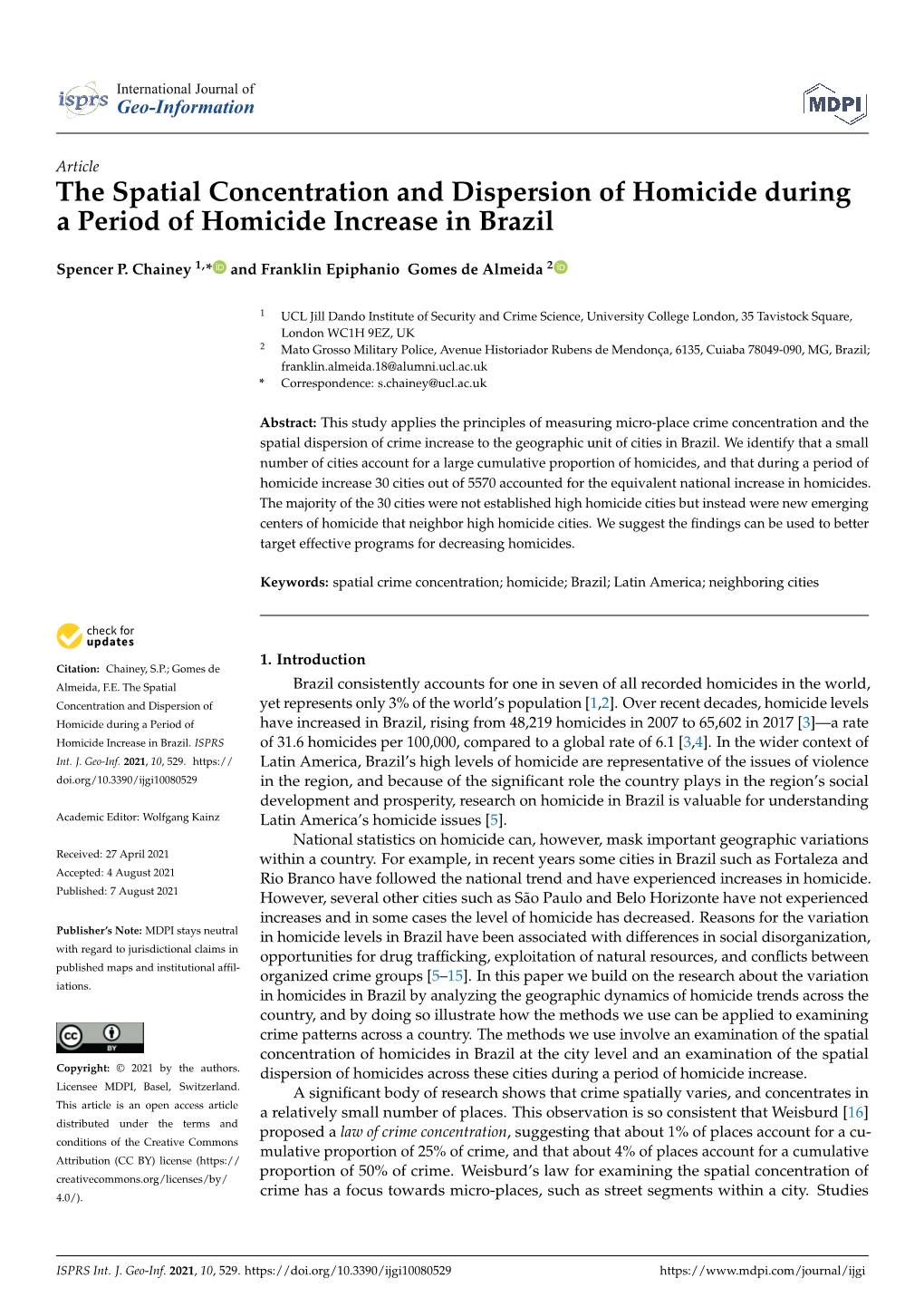 The Spatial Concentration and Dispersion of Homicide During a Period of Homicide Increase in Brazil