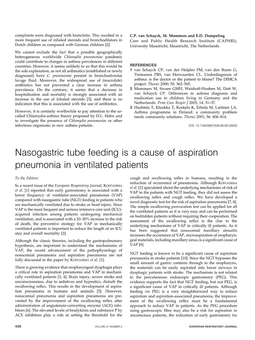 Nasogastric Tube Feeding Is a Cause of Aspiration Pneumonia in Ventilated Patients