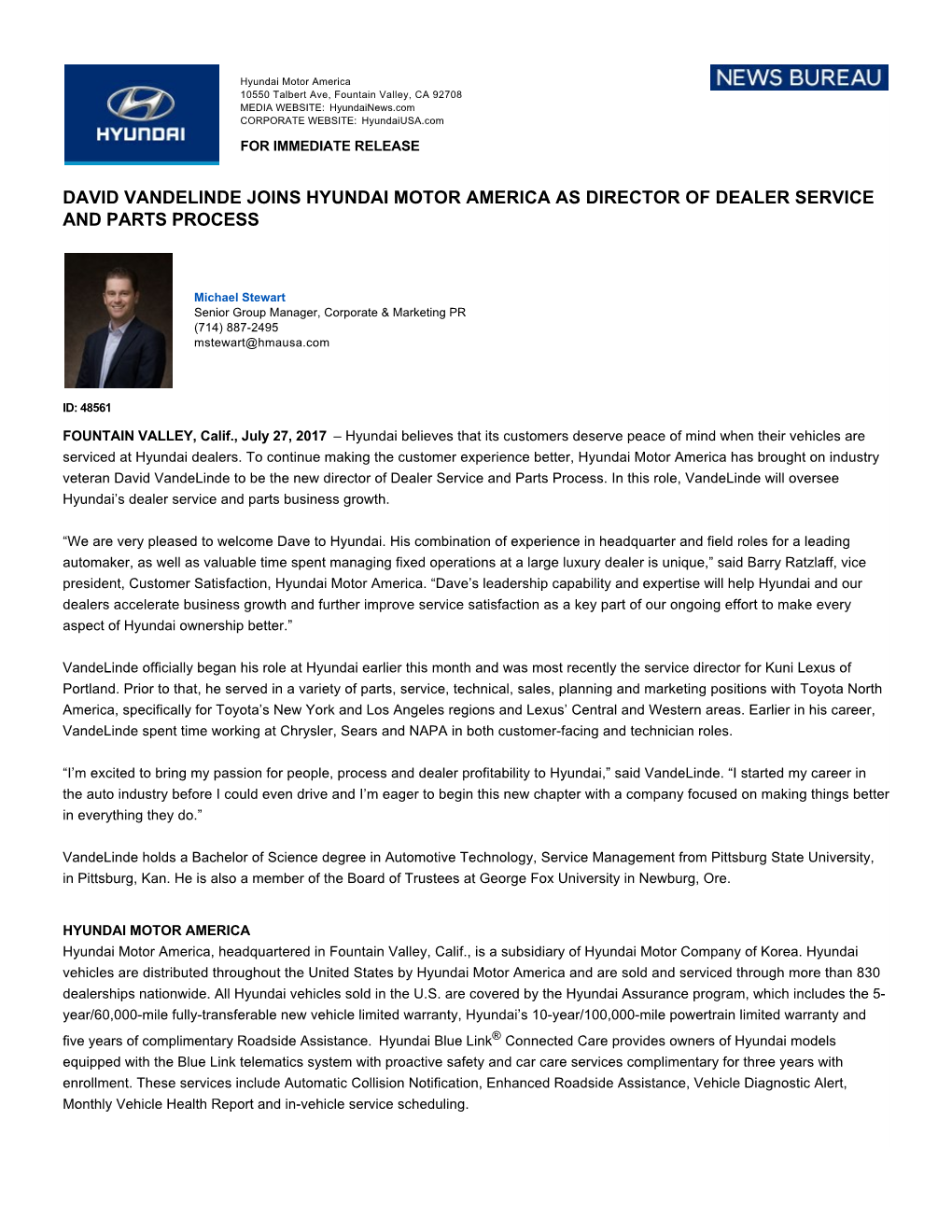 David Vandelinde Joins Hyundai Motor America As Director of Dealer Service and Parts Process