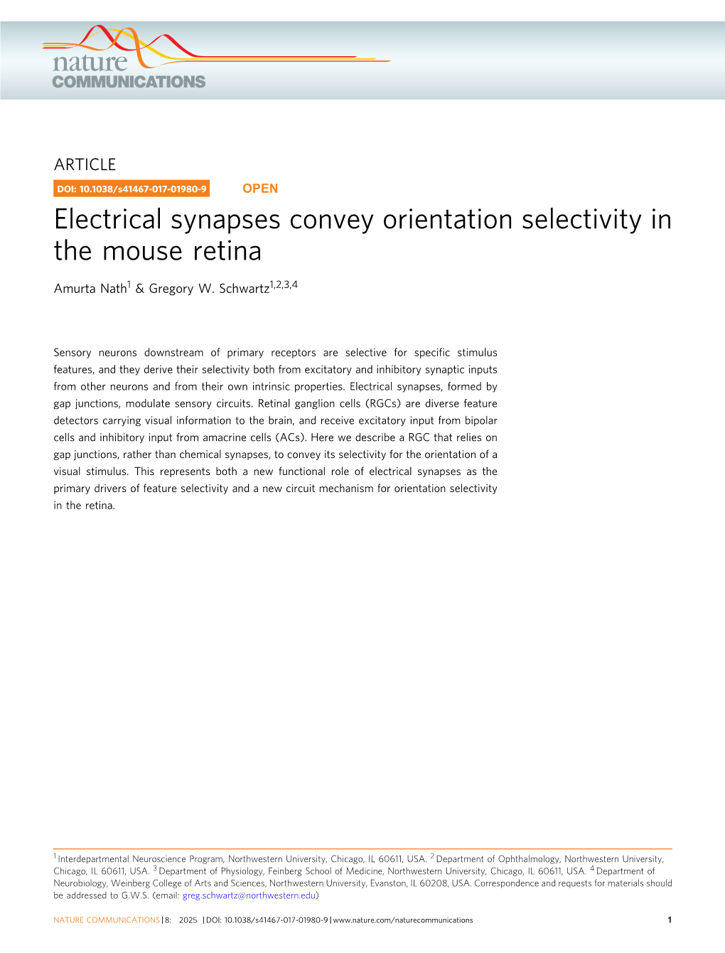 Electrical Synapses Convey Orientation Selectivity in the Mouse Retina