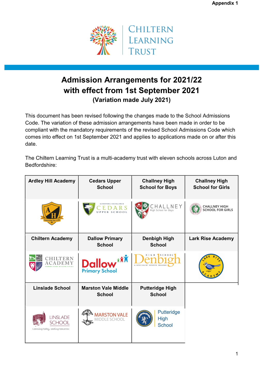 Admission Arrangements for 2021/22 with Effect from 1St September 2021 (Variation Made July 2021)