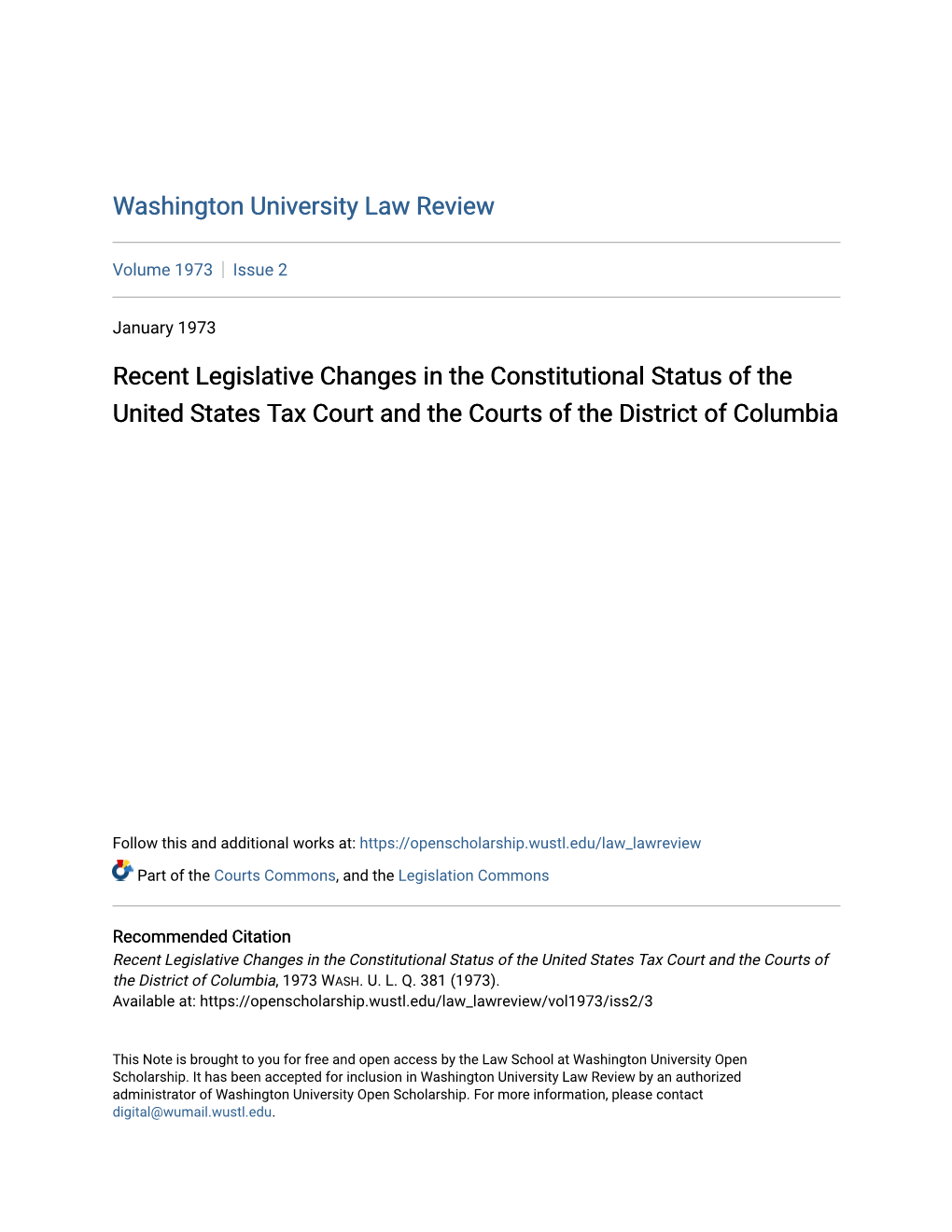 Recent Legislative Changes in the Constitutional Status of the United States Tax Court and the Courts of the District of Columbia