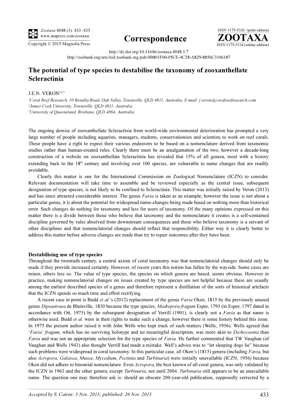 The Potential of Type Species to Destabilise the Taxonomy of Zooxanthellate Scleractinia