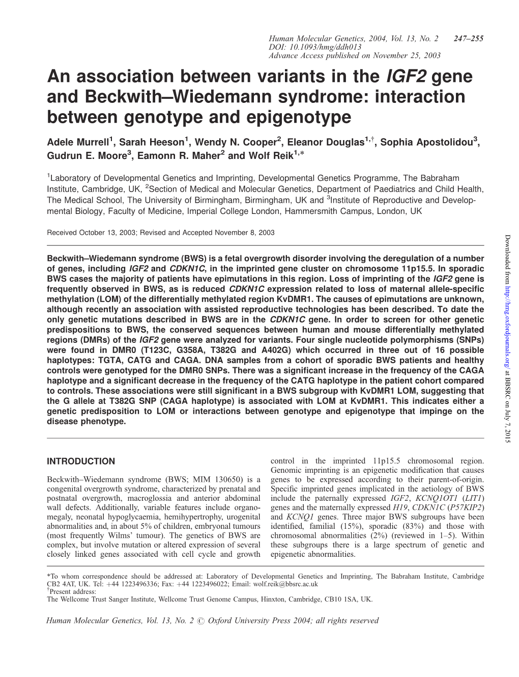 An Association Between Variants in the IGF2 Gene and Beckwith–Wiedemann Syndrome: Interaction Between Genotype and Epigenotype