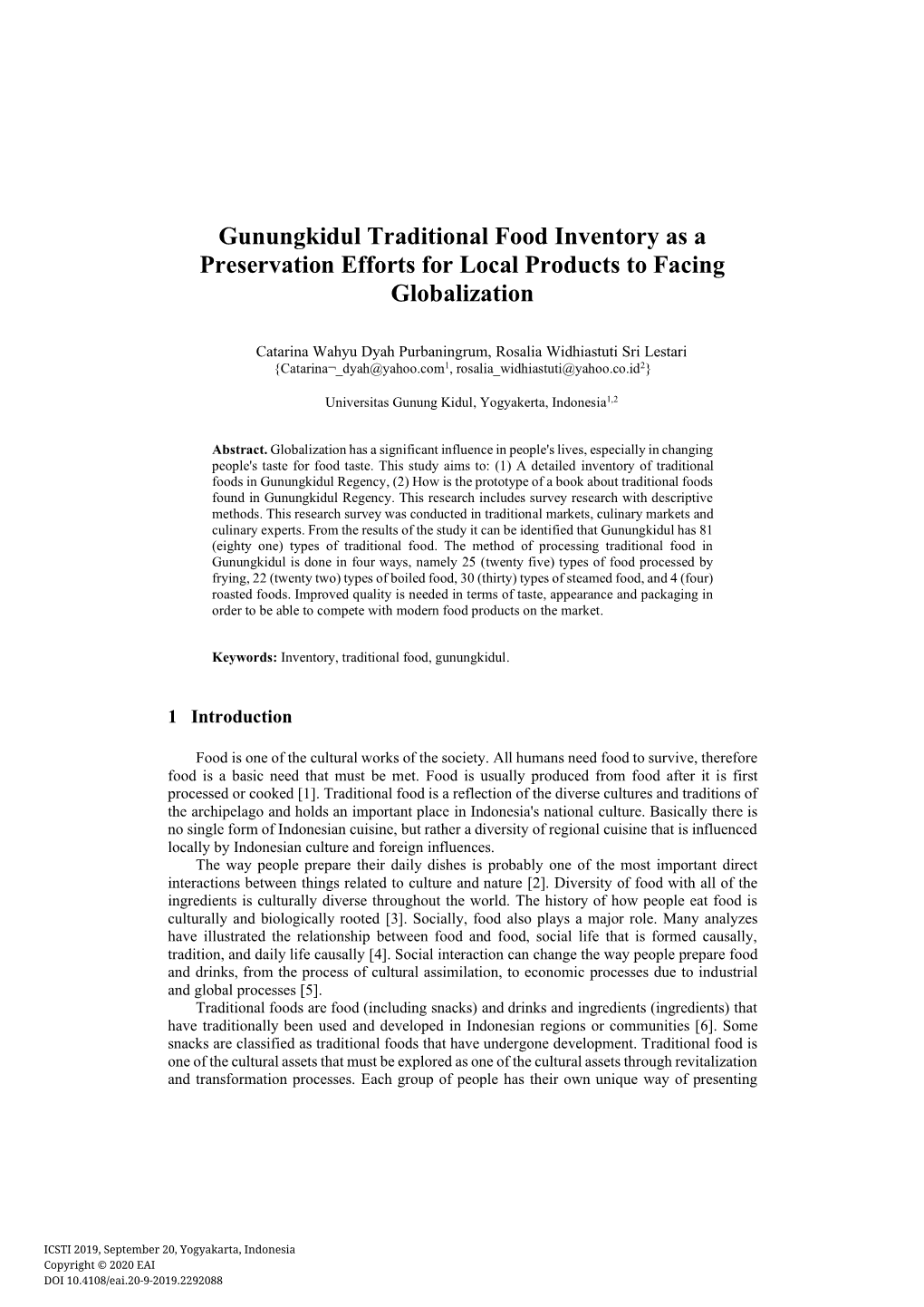 Gunungkidul Traditional Food Inventory As a Preservation Efforts for Local Products to Facing Globalization