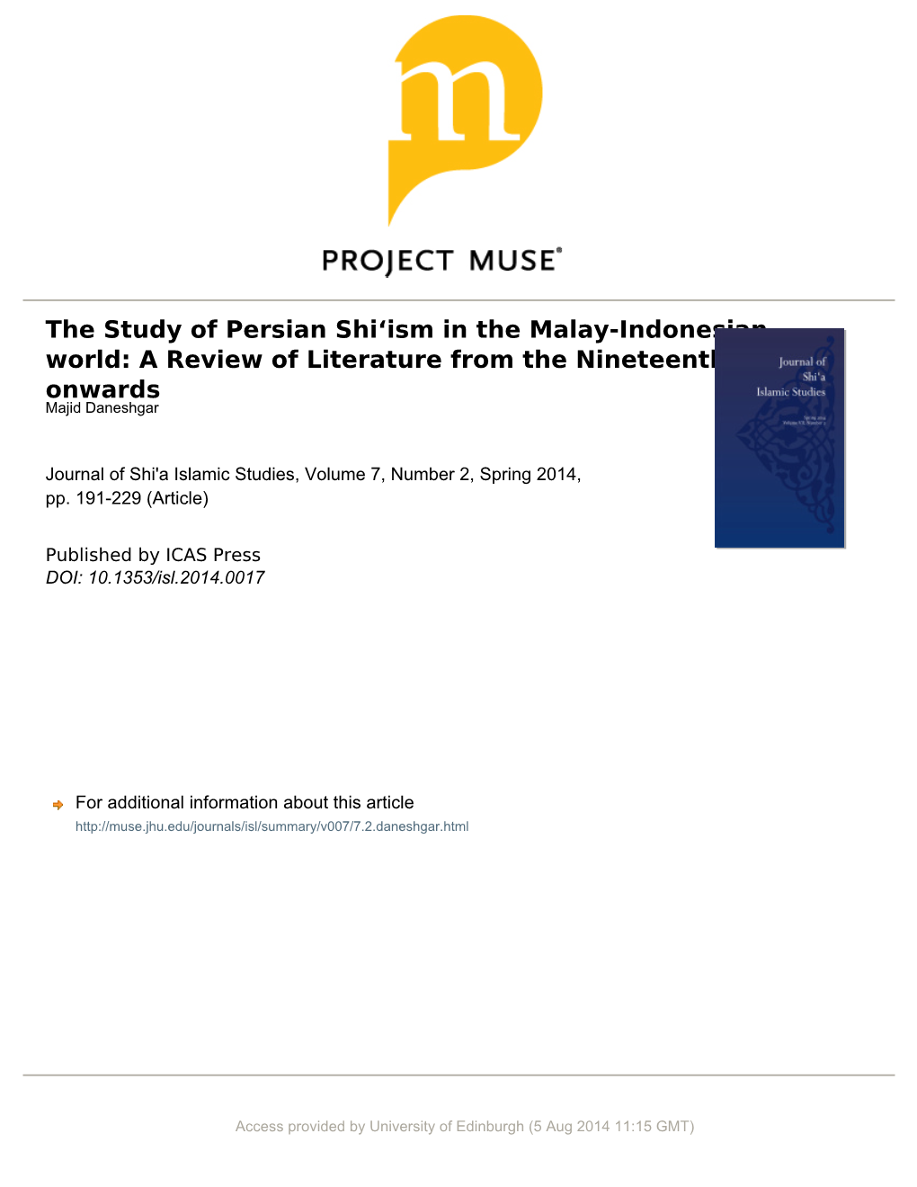 The Study of Persian Shiʻism in the Malay-Indonesian World: a Review of Literature from the Nineteenth Century Onwards