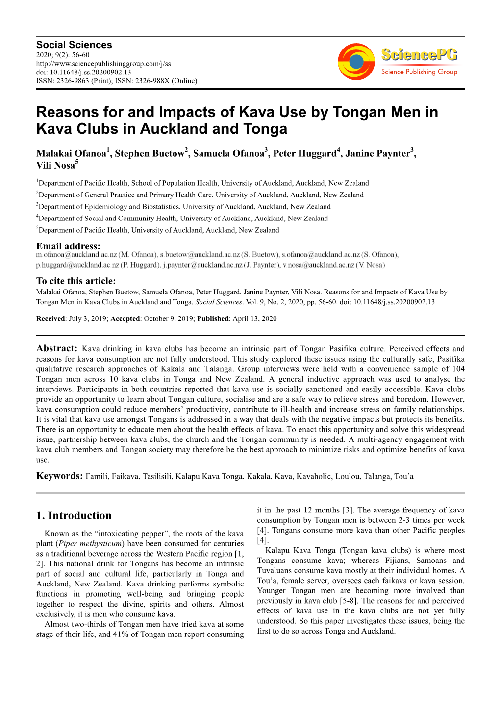 Reasons for and Impacts of Kava Use by Tongan Men in Kava Clubs in Auckland and Tonga