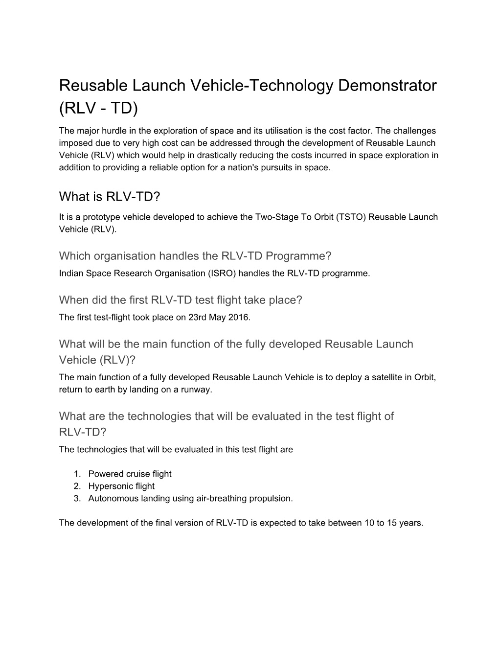 Reusable Launch Vehicle-Technology Demonstrator (RLV - TD)