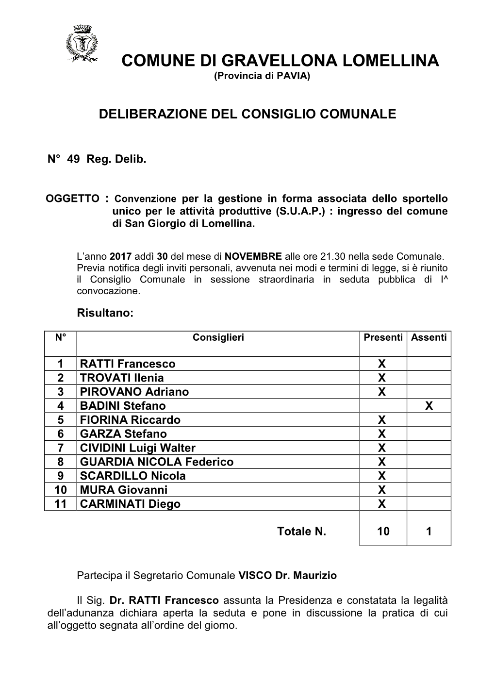 Deliberazione Del Consiglio Comunale