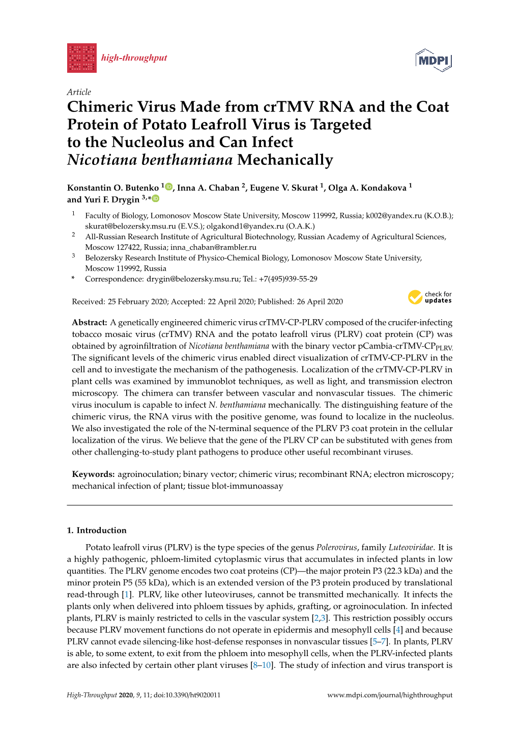 Chimeric Virus Made from Crtmv RNA and the Coat Protein of Potato Leafroll Virus Is Targeted to the Nucleolus and Can Infect Nicotiana Benthamiana Mechanically