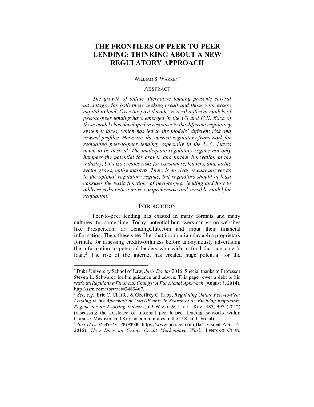 The Frontiers of Peer-To-Peer Lending: Thinking About a New Regulatory Approach