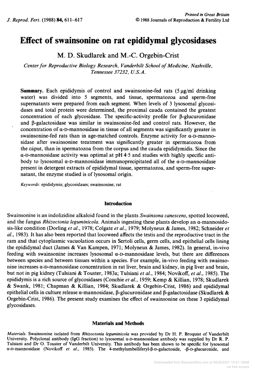 Effect of Swainsonine on Rat Epididymal Glycosidases M