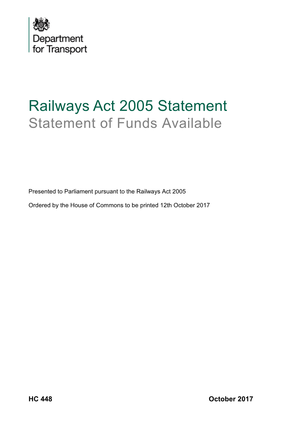 Railways Act 2005 Statement of Funds Available 2017