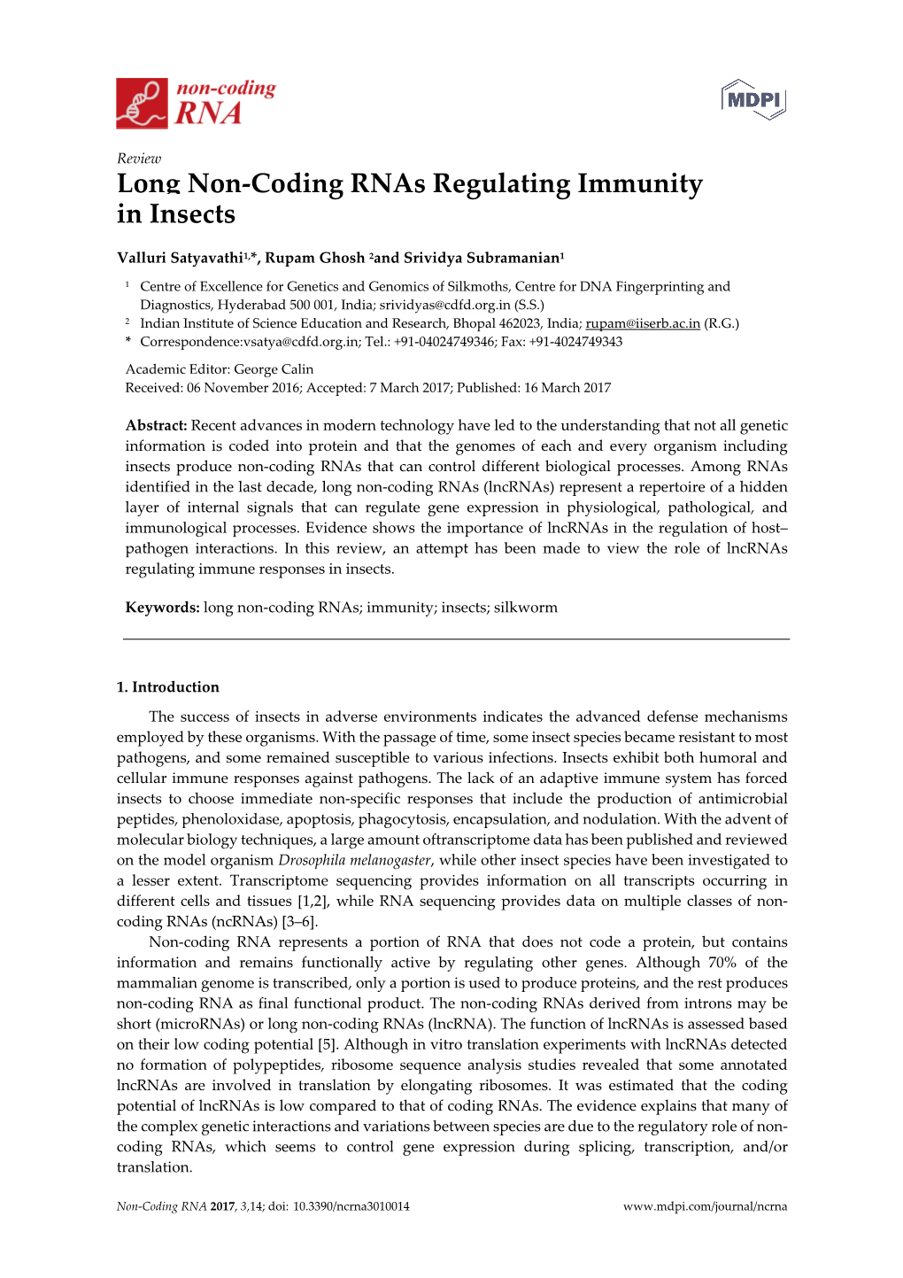 Long Non-Coding Rnas Regulating Immunity in Insects