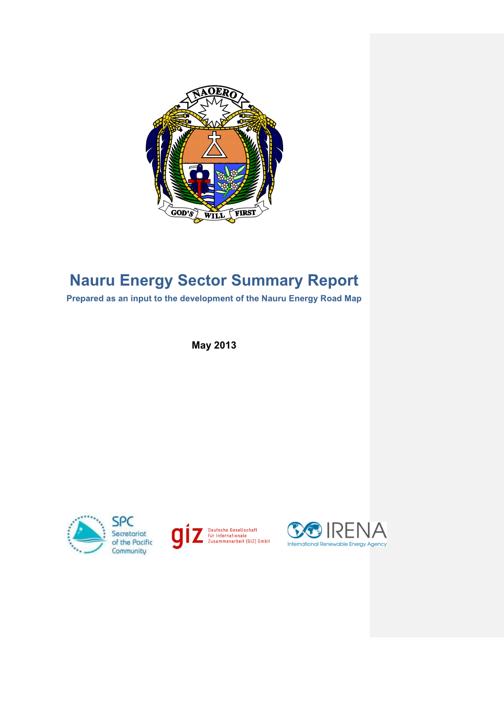 Nauru Energy Sector Summary Report Prepared As an Input to the Development of the Nauru Energy Road Map