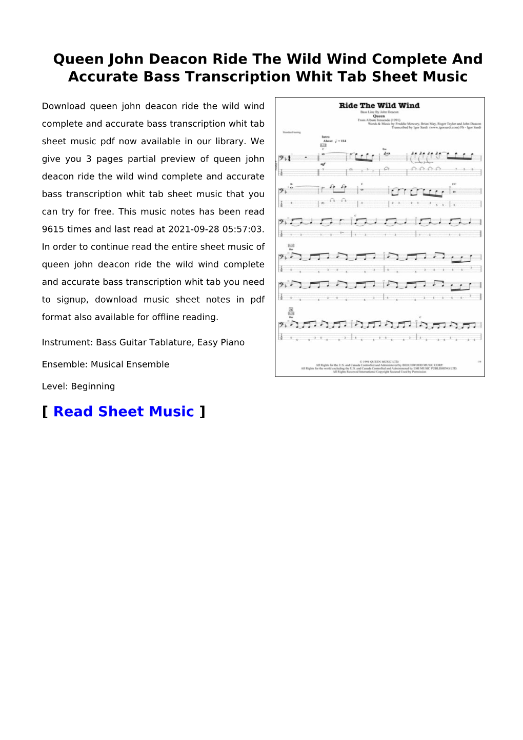 Queen John Deacon Ride the Wild Wind Complete and Accurate Bass Transcription Whit Tab Sheet Music