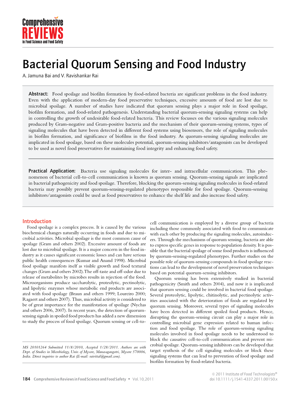 Bacterial Quorum Sensing and Food Industry A