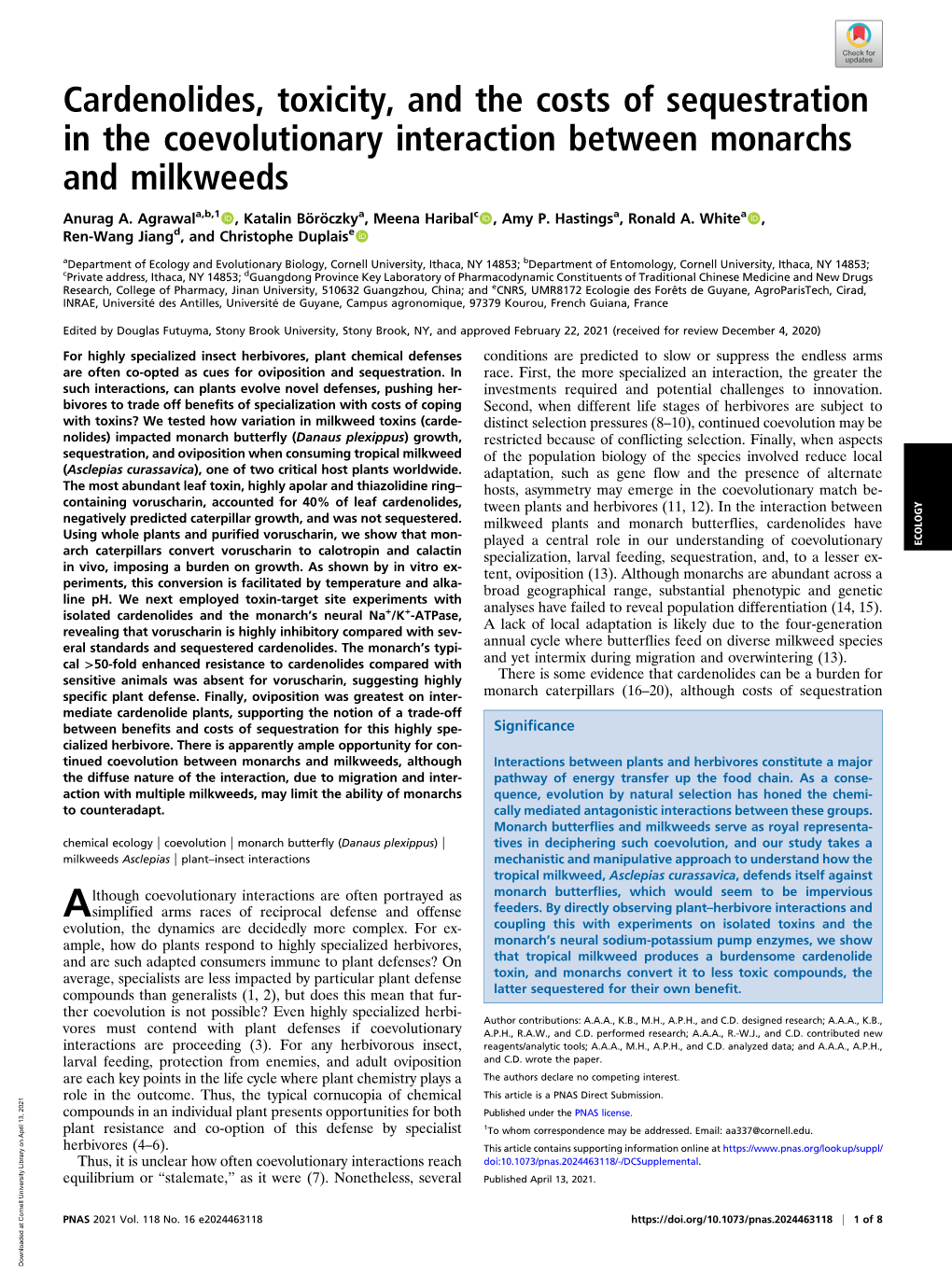 Cardenolides, Toxicity, and the Costs of Sequestration in the Coevolutionary Interaction Between Monarchs and Milkweeds