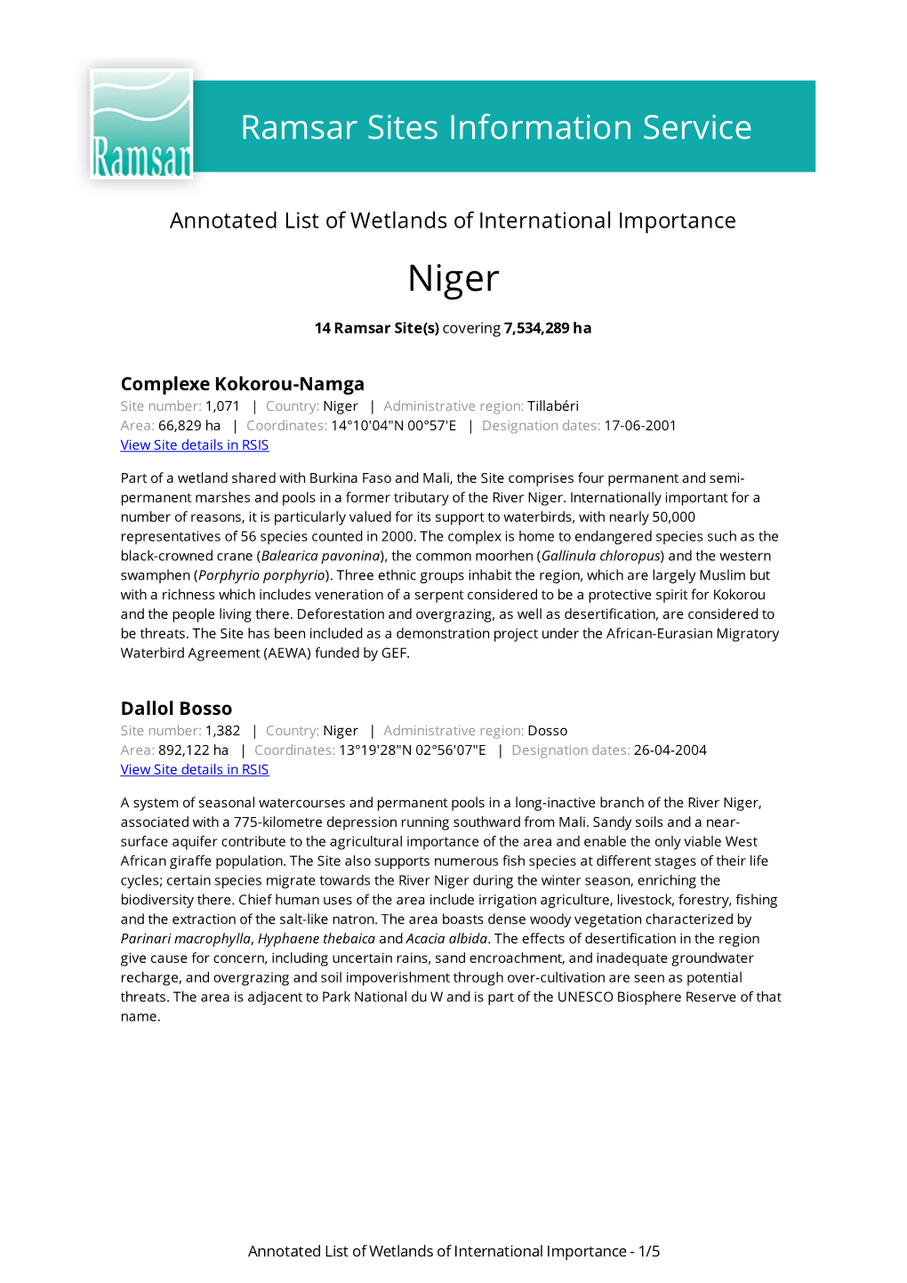Annotated List of Wetlands of International Importance Niger
