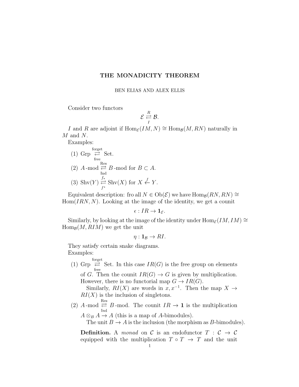 THE MONADICITY THEOREM Consider Two Functors E ⇄ B. I And