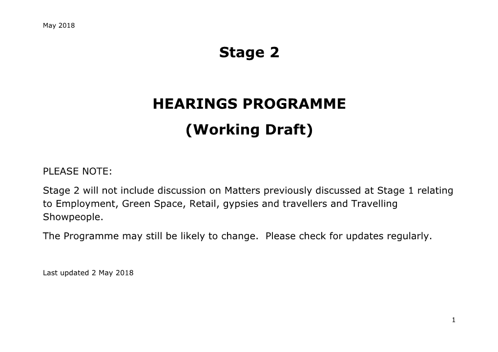 Stage 2 HEARINGS PROGRAMME (Working Draft)