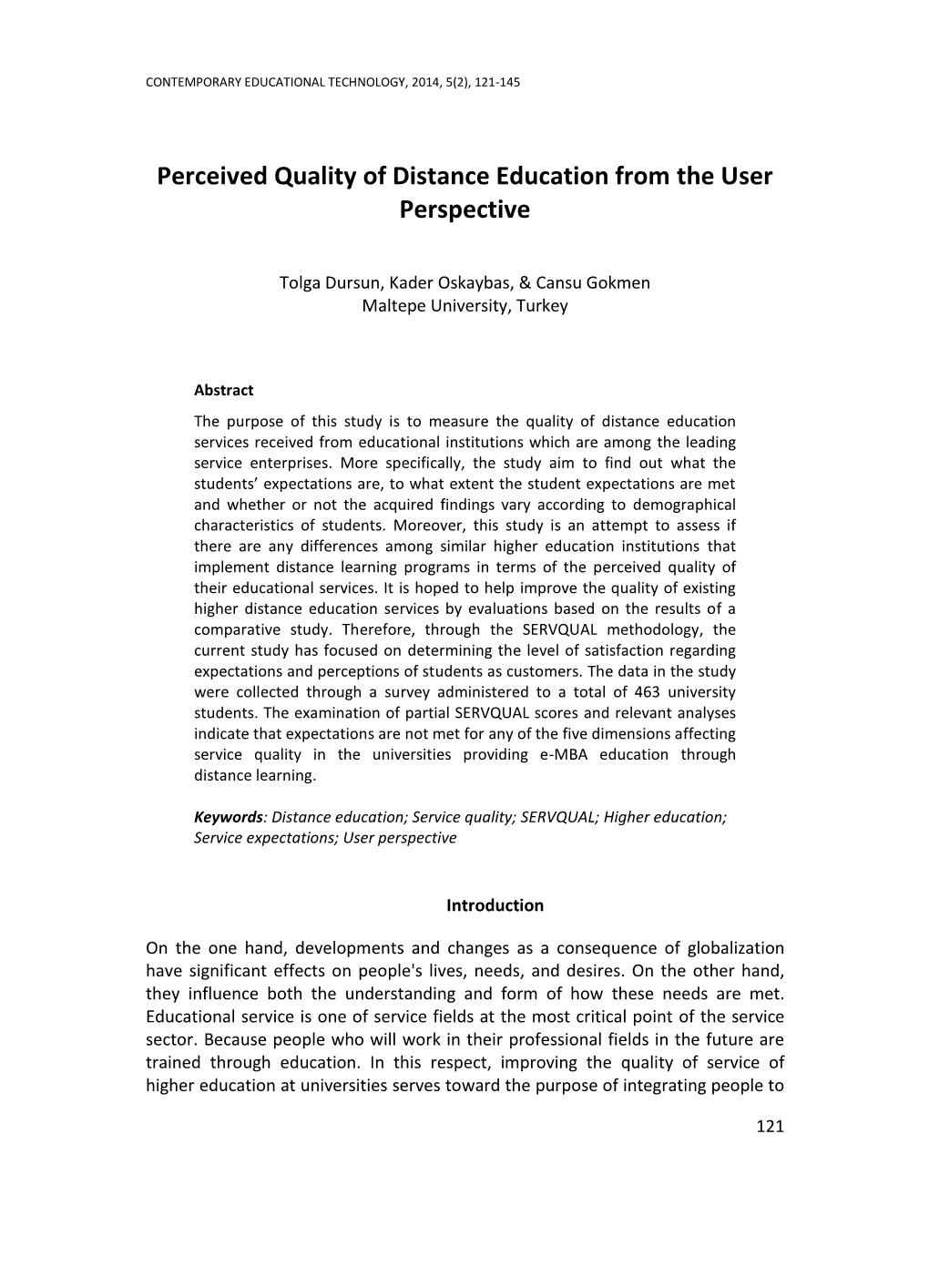 Perceived Quality of Distance Education from the User Perspective