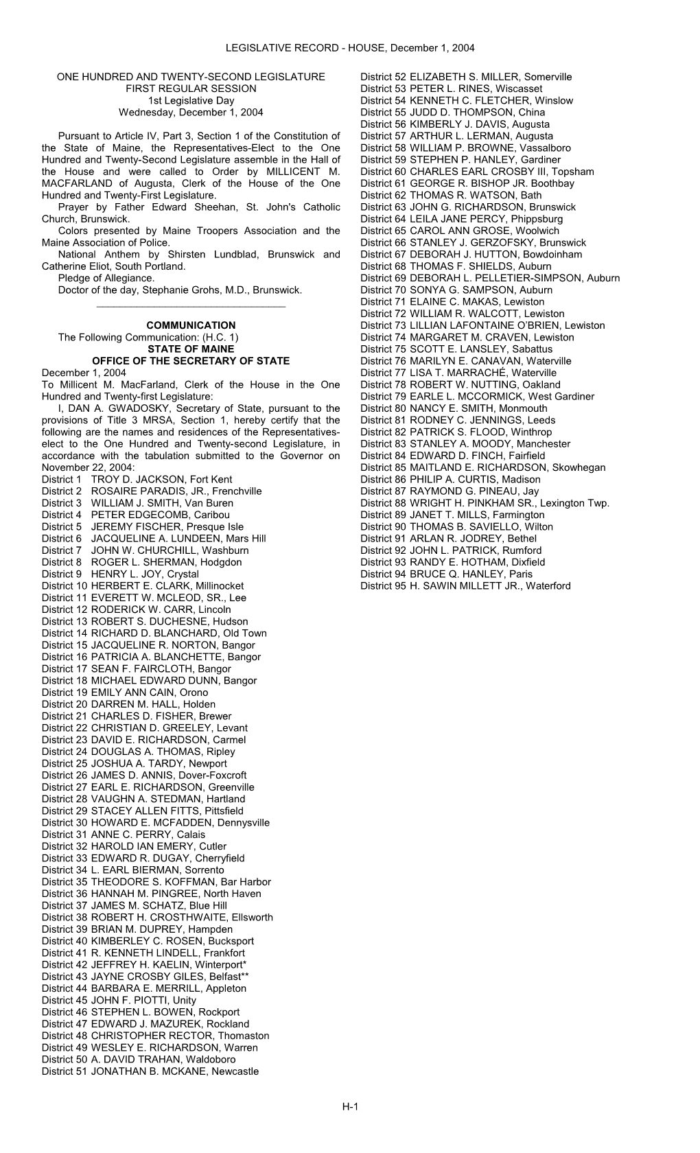 One Hundred and Twenty-Second Legislature s1