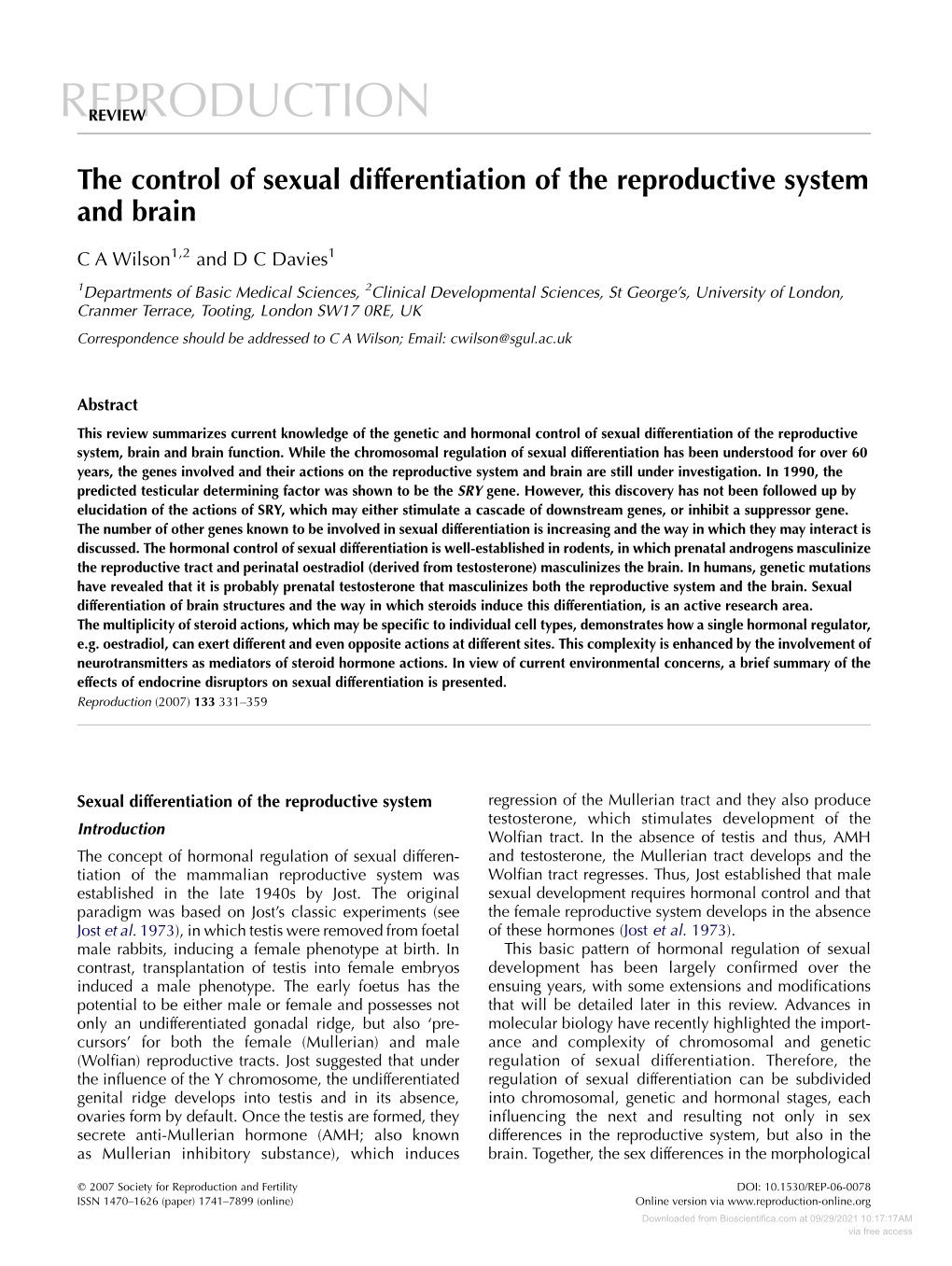 The Control of Sexual Differentiation of the Reproductive System and Brain