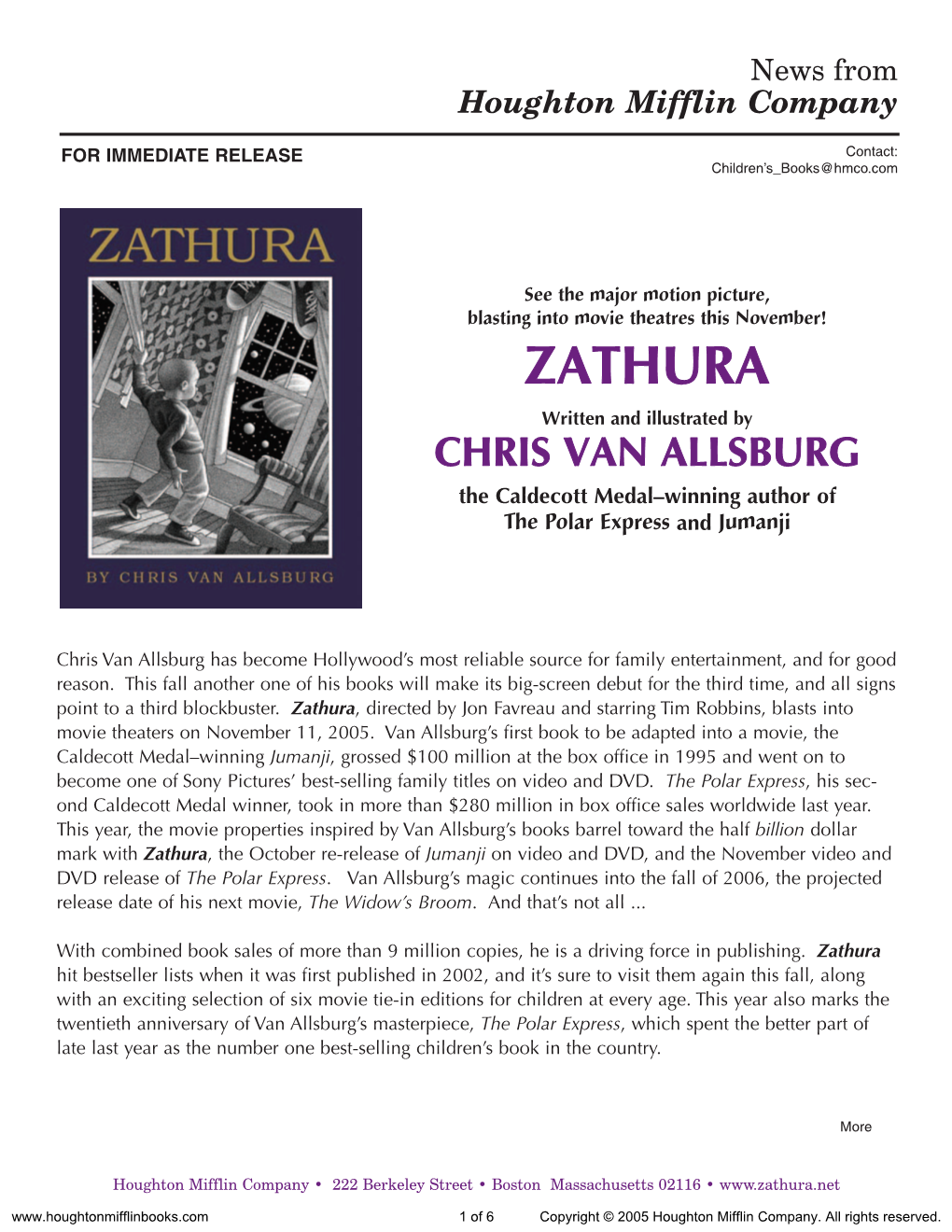 Press Release for Zathura Published by Houghton Mifflin Company