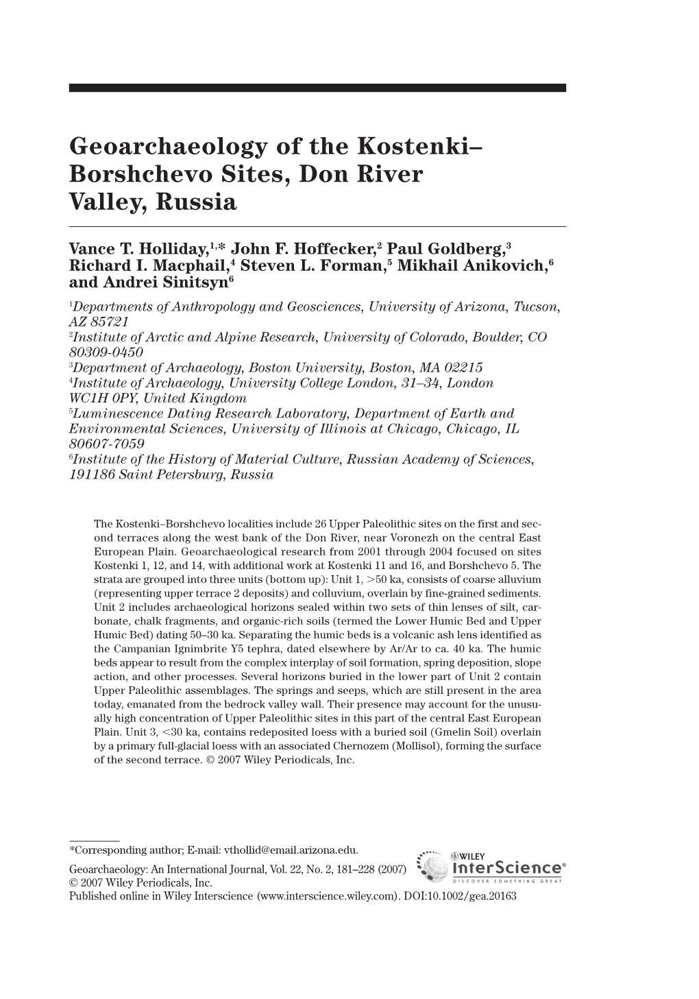 Geoarchaeology of the Kostenki-Borshchevo Sites, Don River Valley, Russia