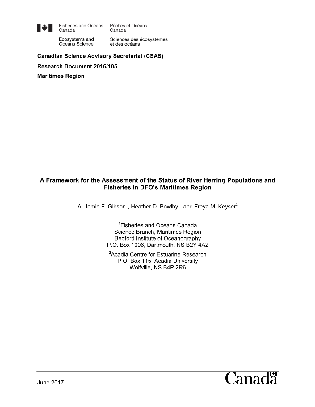 A Framework for the Assessment of the Status of River Herring Populations and Fisheries in DFO’S Maritimes Region