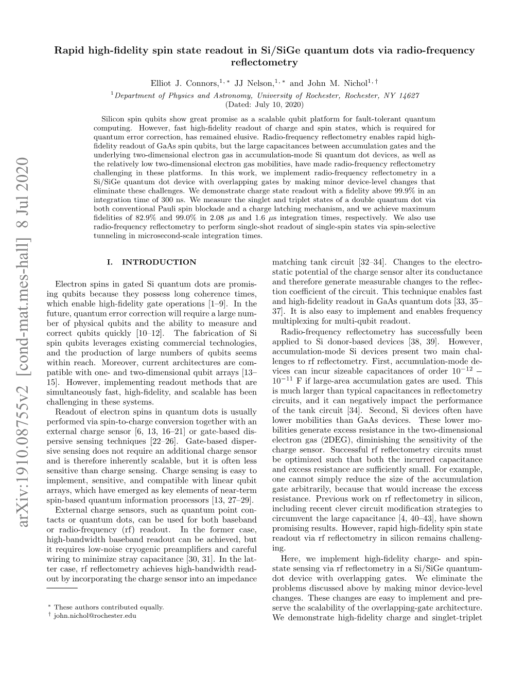 Arxiv:1910.08755V2 [Cond-Mat.Mes-Hall] 8 Jul 2020 Or Radio-Frequency (Rf) Readout