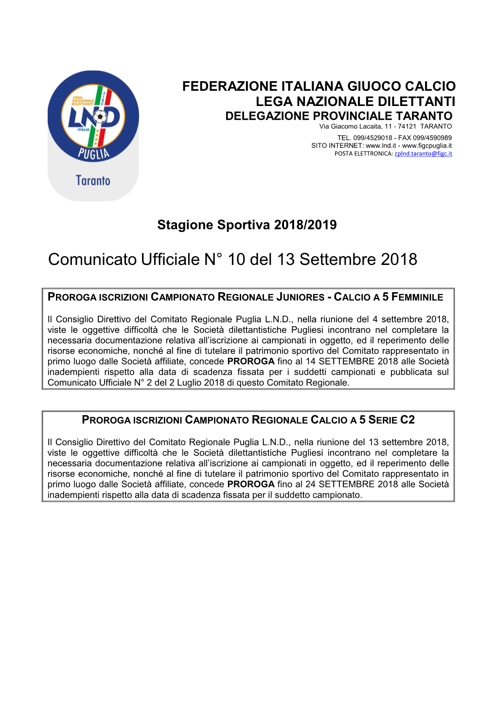 Comunicato Ufficiale N° 10 Del 13 Settembre 2018