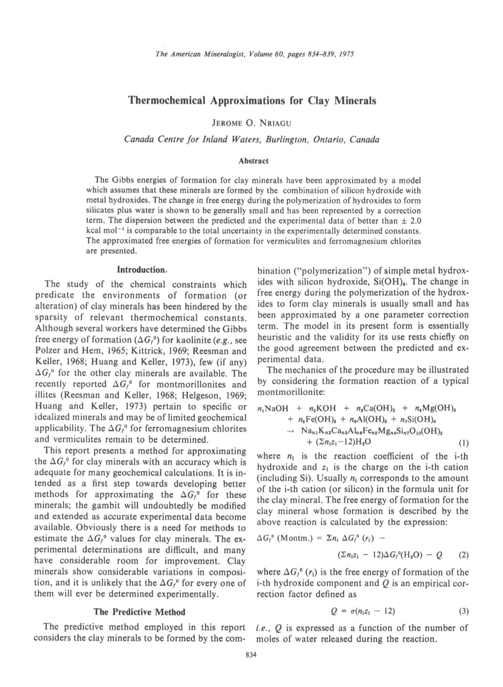 Thermochemical Approximations for Clay Minerals 835