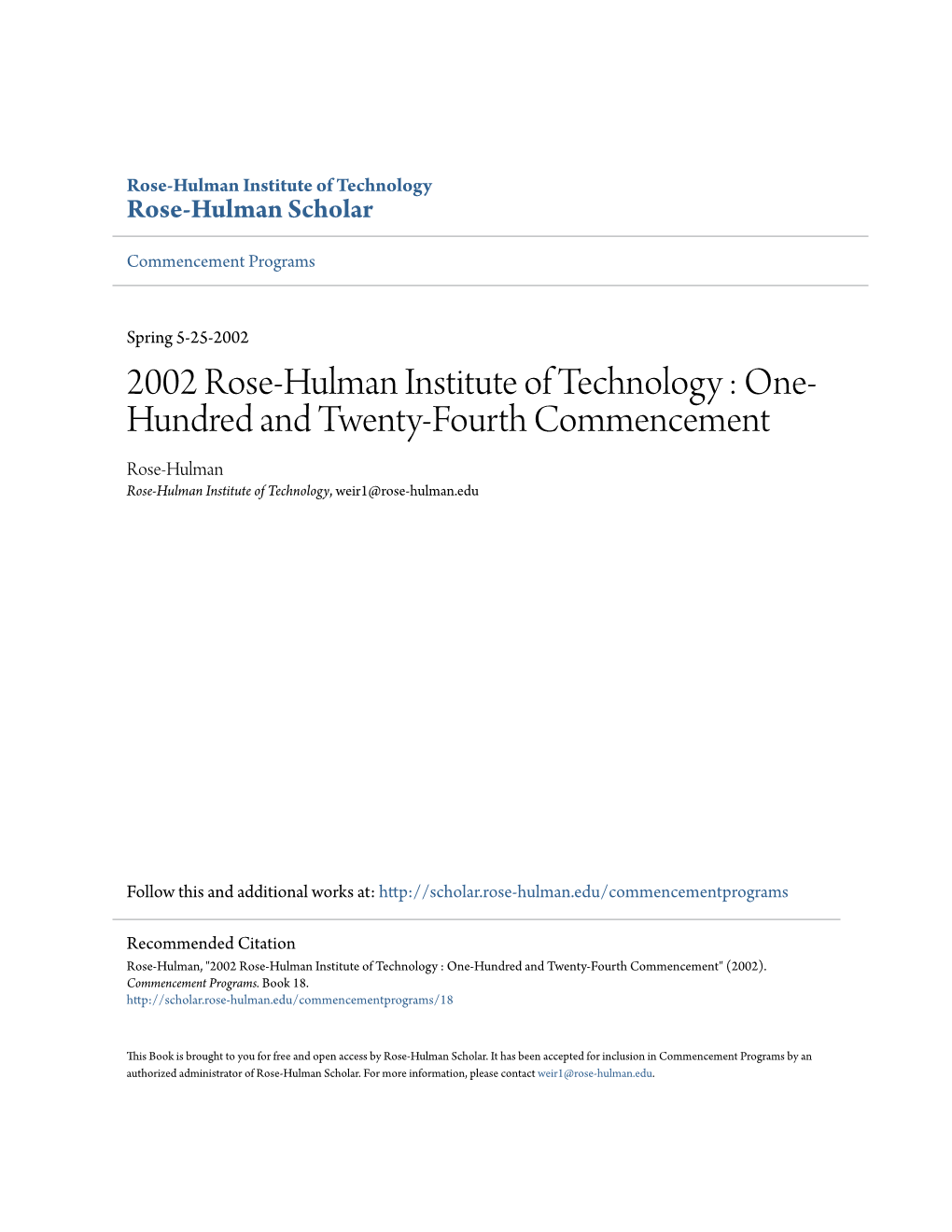2002 Rose-Hulman Institute of Technology : One-Hundred and Twenty-Fourth Commencement" (2002)