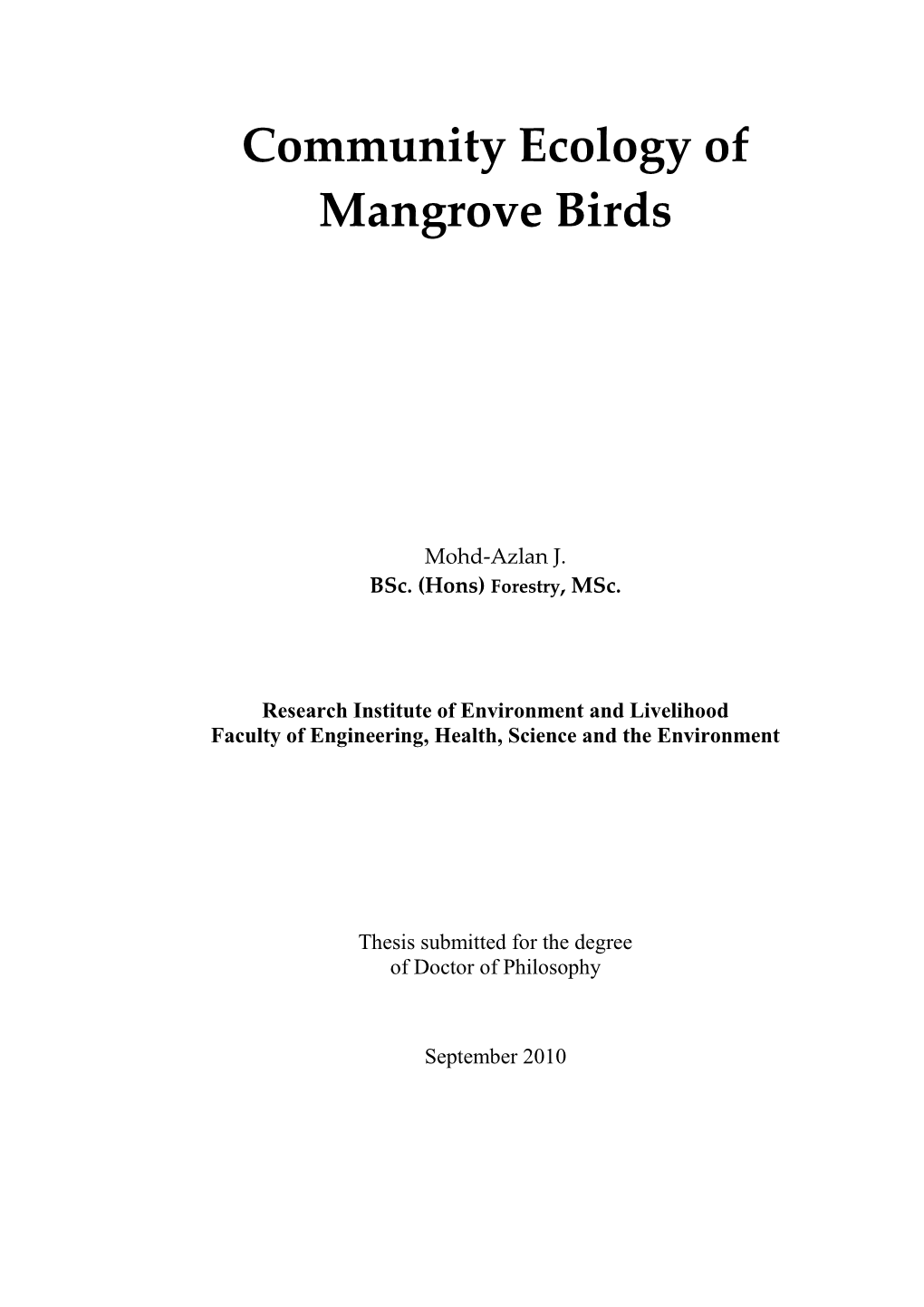 Community Ecology of Mangrove Birds