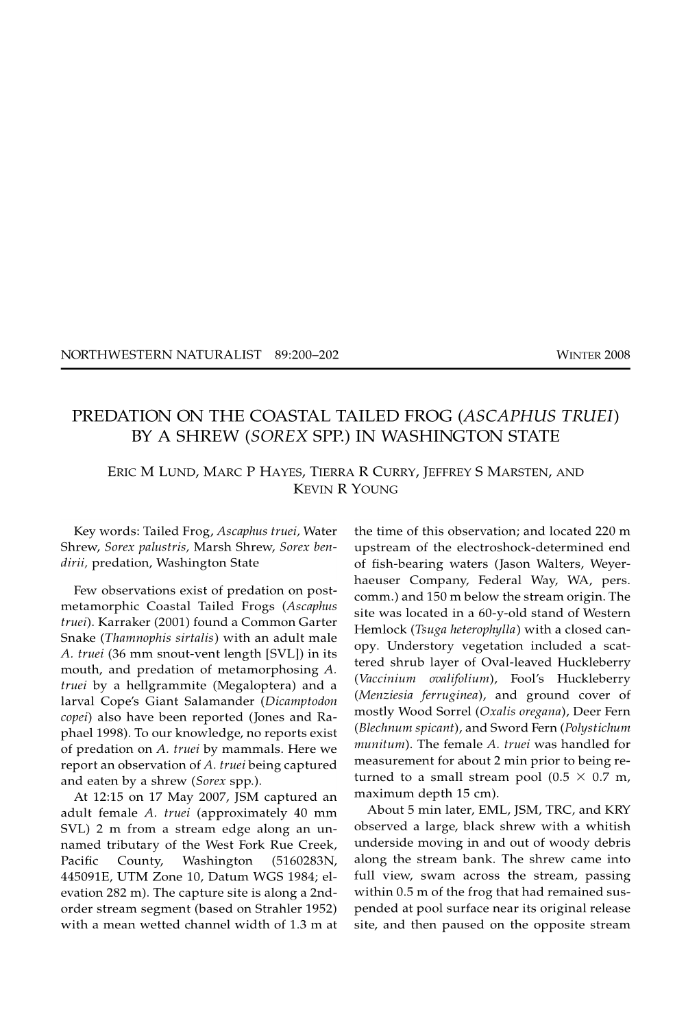 Predation on the Coastal Tailed Frog (Ascaphus Truei) by a Shrew (Sorex Spp.) in Washington State