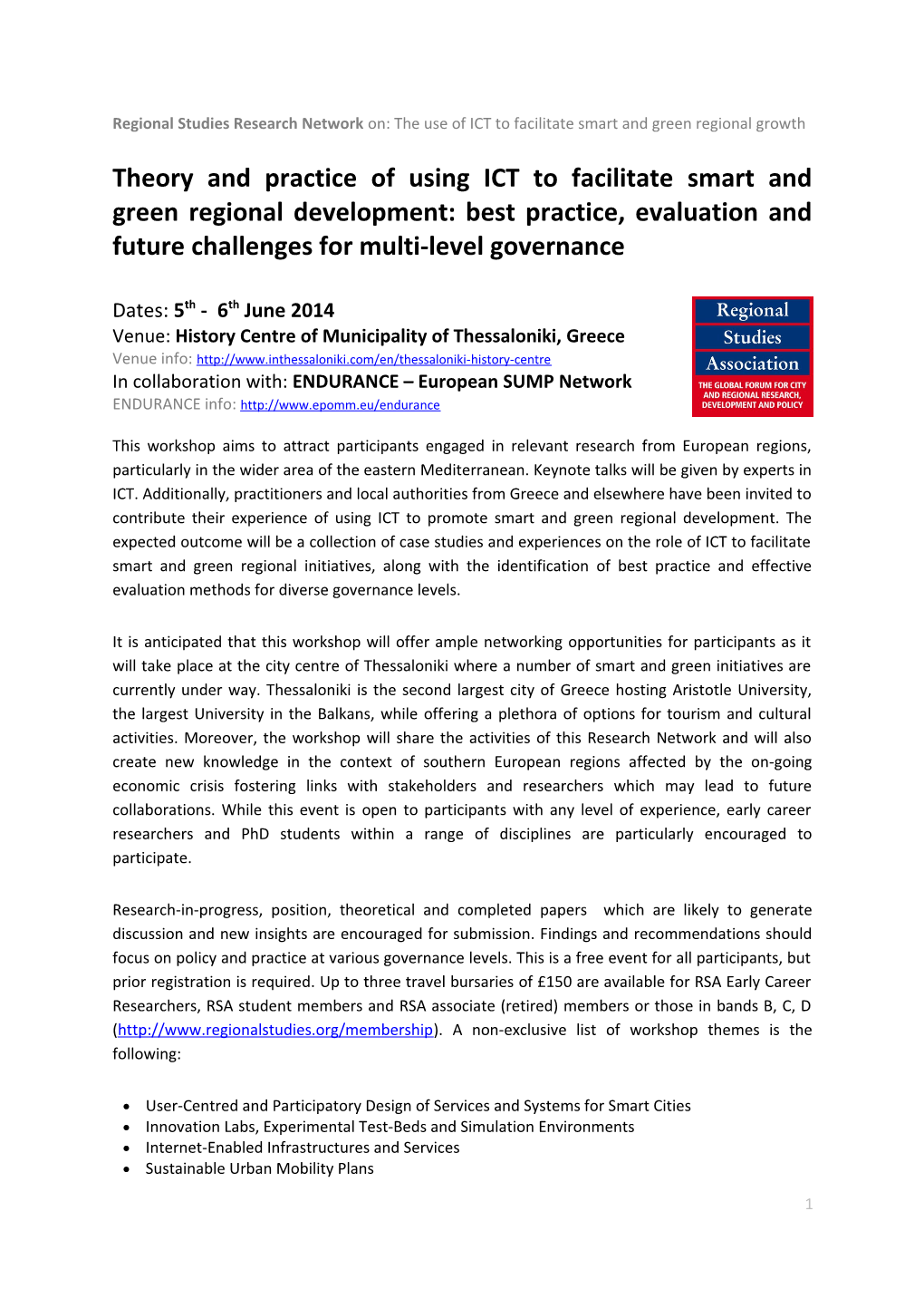 Regional Studies Research Network On: the Use of ICT to Facilitate Smart and Green Regional