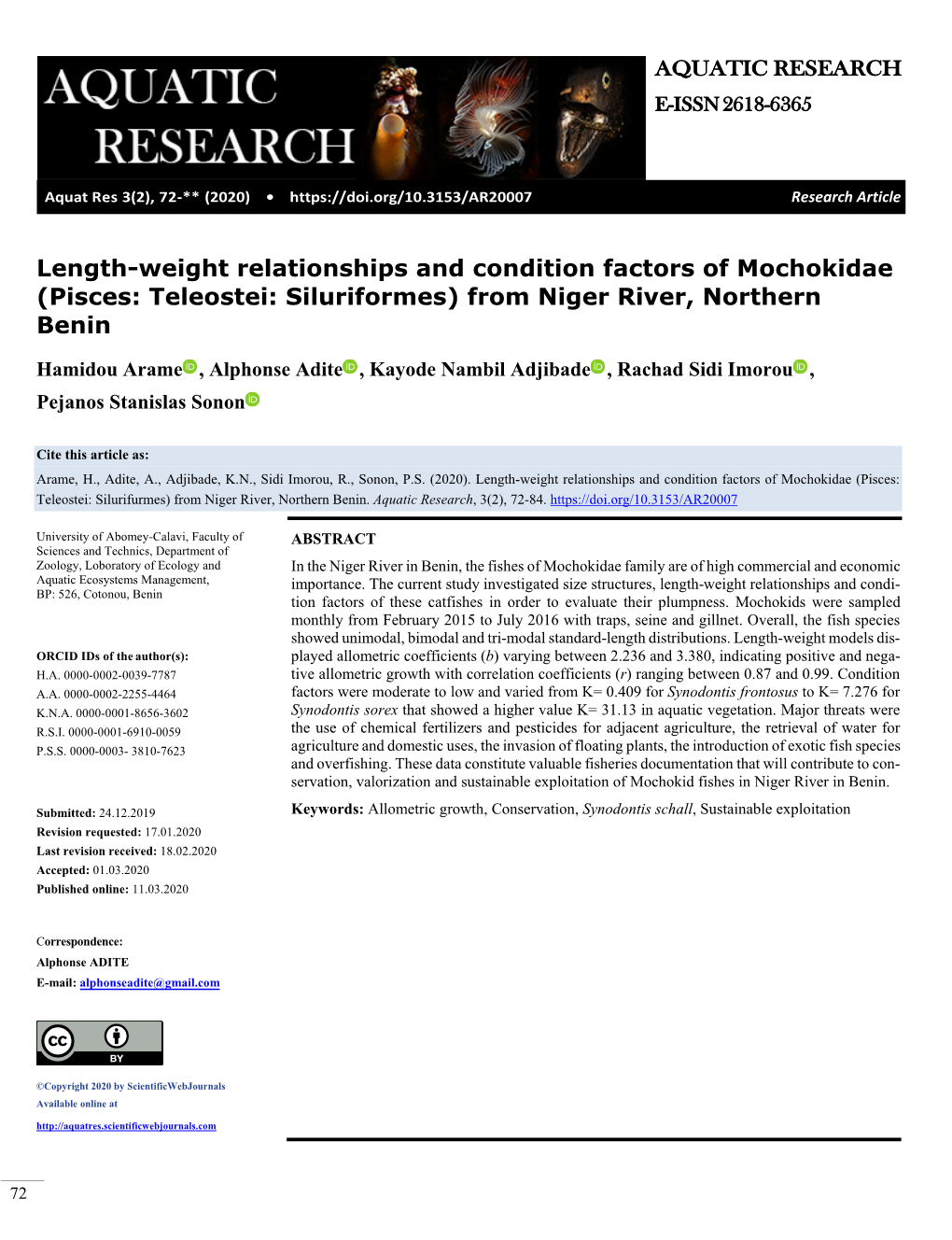 Length-Weight Relationships and Condition Factors of Mochokidae (Pisces: Teleostei: Siluriformes) from Niger River, Northern Benin