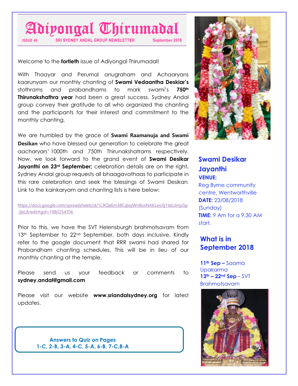Adiyongal Thirumadal ISSUE 40 SRI SYDNEY ANDAL GROUP NEWSLETTER September 2018