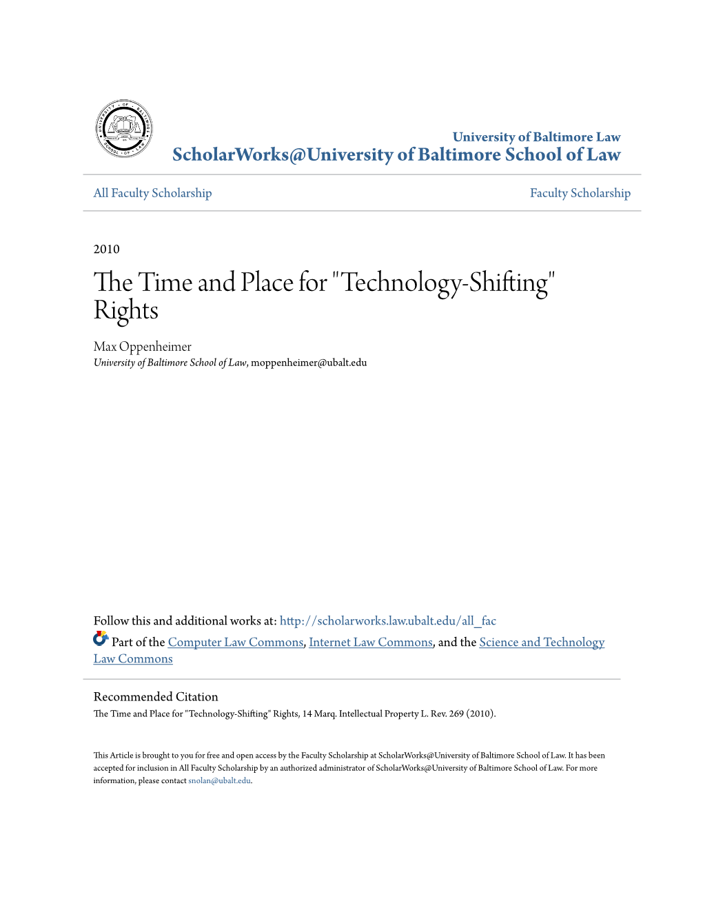 "Technology-Shifting" Rights Max Oppenheimer University of Baltimore School of Law, Moppenheimer@Ubalt.Edu