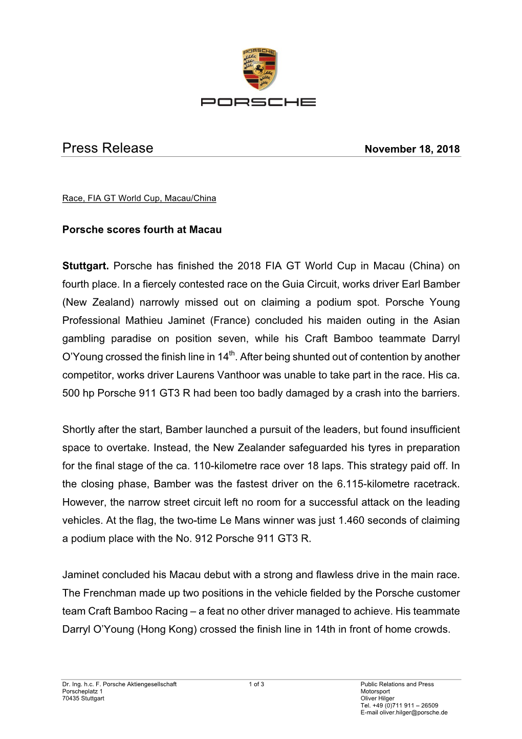 Press Release November 18, 2018
