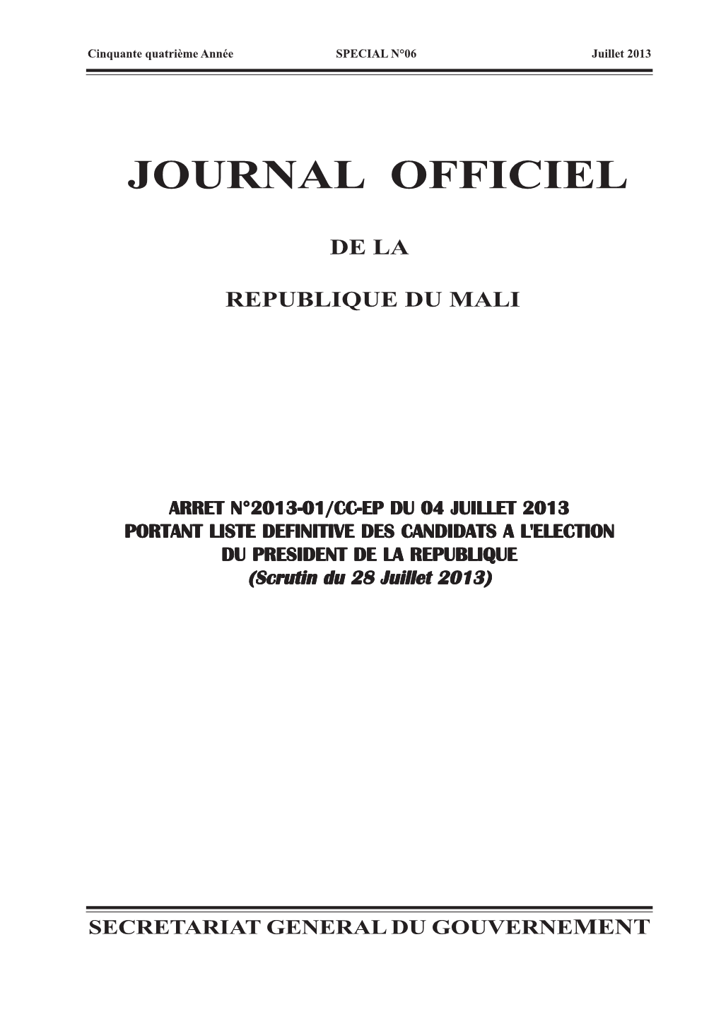 Journal Officiel Du Mali De L'annee 2013