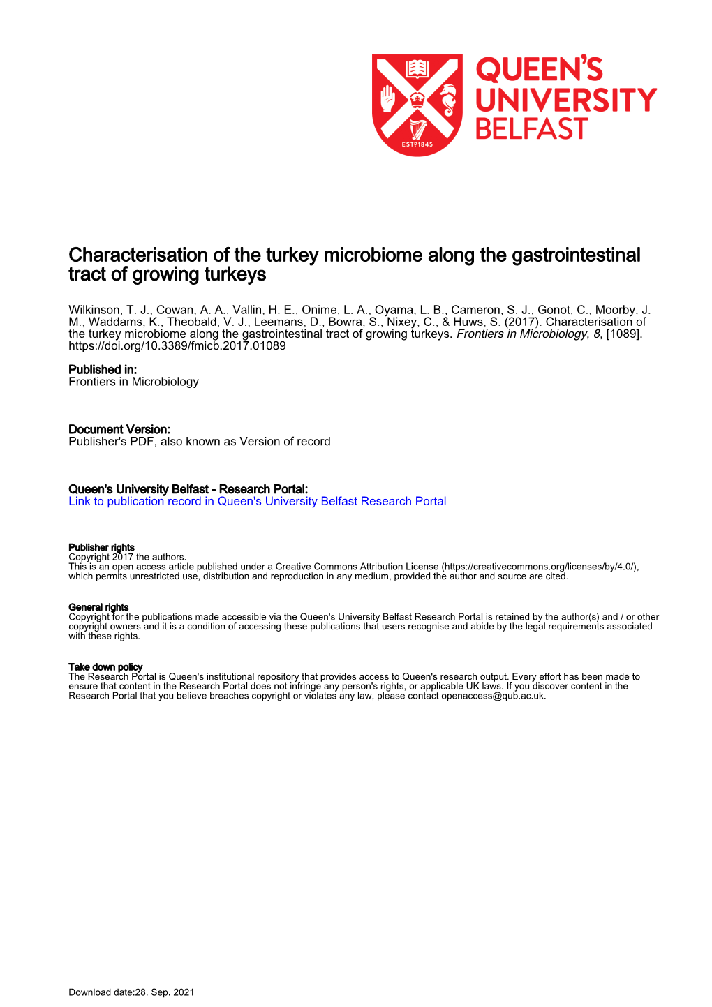 Characterization of the Microbiome Along the Gastrointestinal Tract of Growing Turkeys