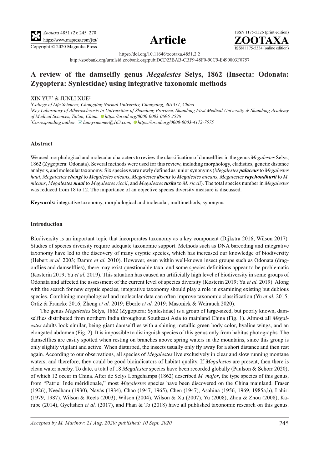 A Review of the Damselfly Genus Megalestes Selys, 1862 (Insecta: Odonata: Zygoptera: Synlestidae) Using Integrative Taxonomic Methods