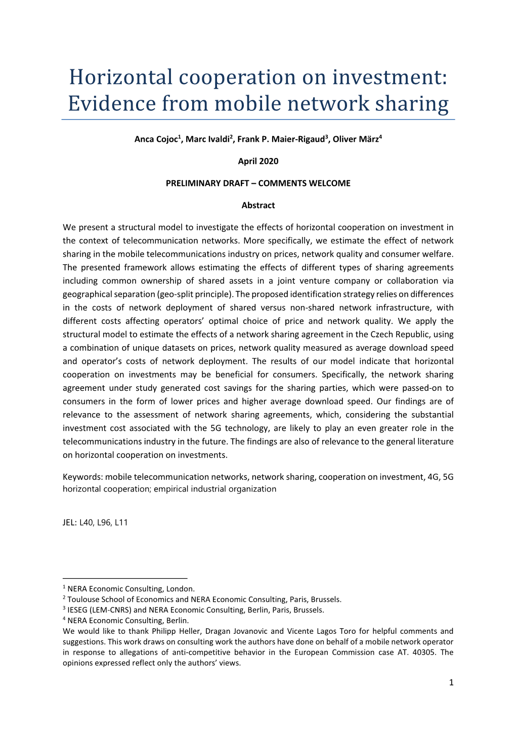 Horizontal Cooperation on Investment: Evidence from Mobile Network Sharing