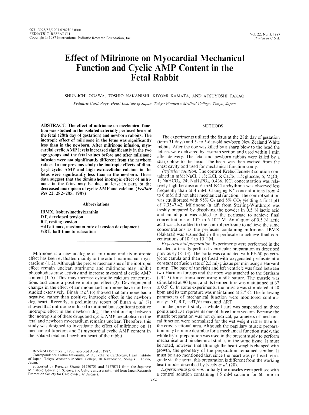 Effect of Milrinone on Myocardial Mechanical Function and Cyclic AMP Content in the Fetal Rabbit