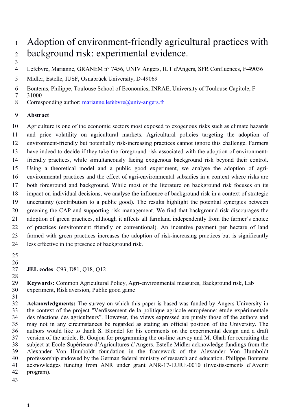 Adoption of Environment-Friendly Agricultural Practices with 2 Background Risk: Experimental Evidence